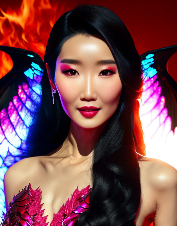 Dark-haired woman with butterfly wings and fiery elements on vibrant backdrop