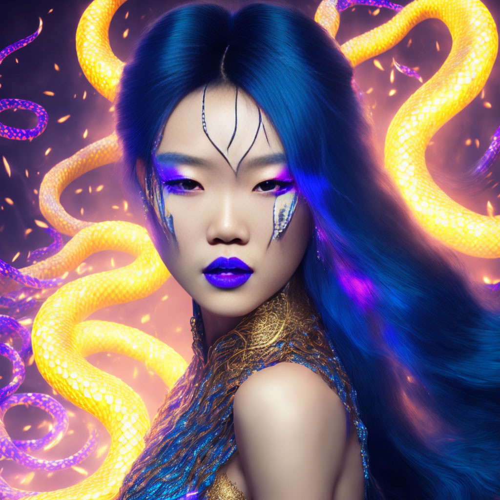 Blue-haired woman with purple makeup on golden serpentine background