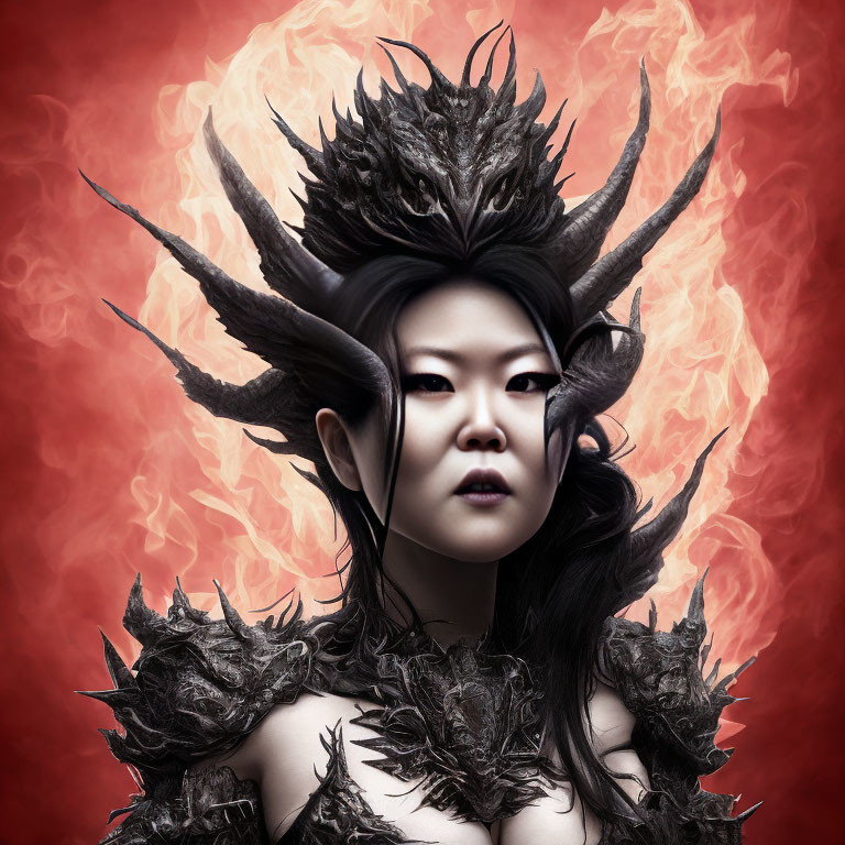 Elaborate dark crown on woman's head against fiery red backdrop