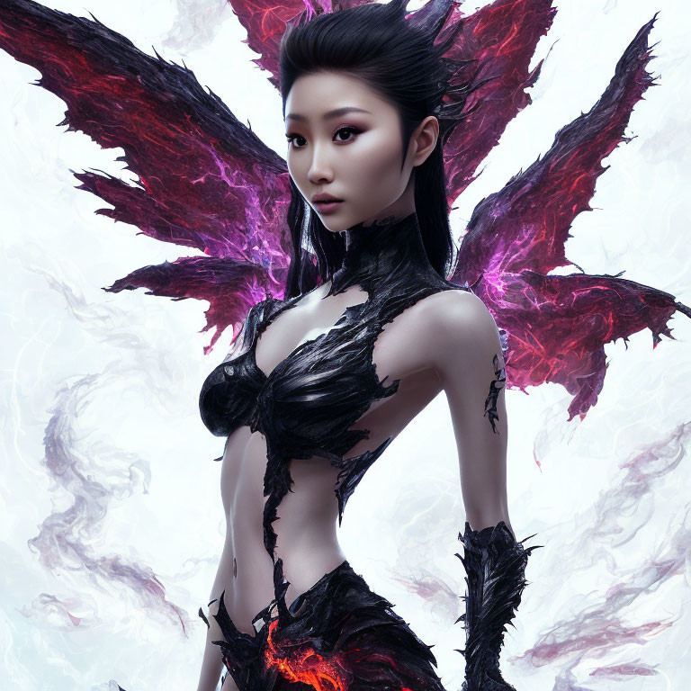 Digital artwork featuring woman with dark crystalline wings and attire against white misty backdrop