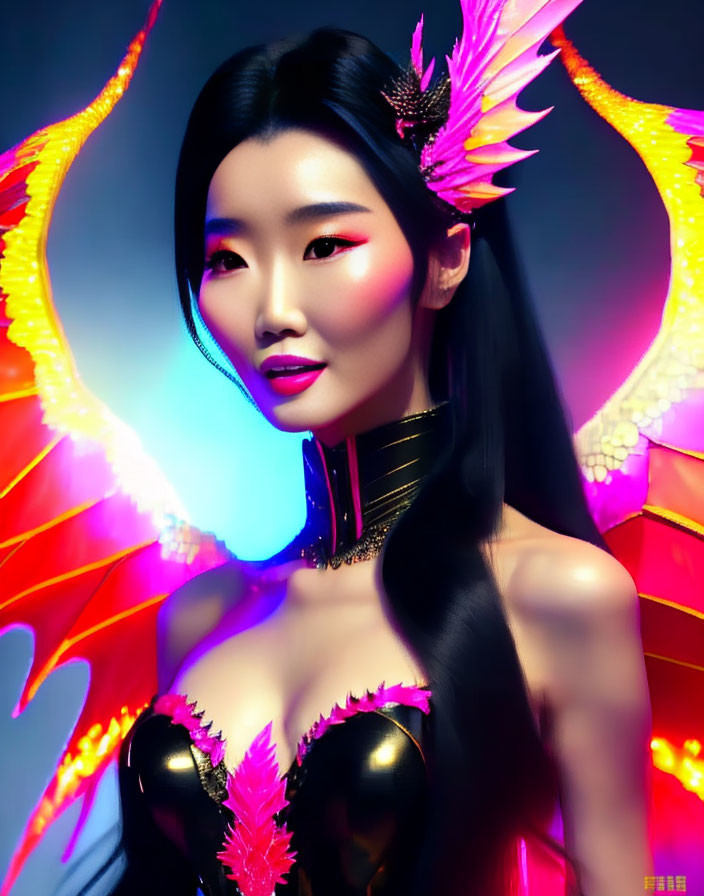 Woman with Dragon Wing Accessories and Neon Lights in Dark Bodice