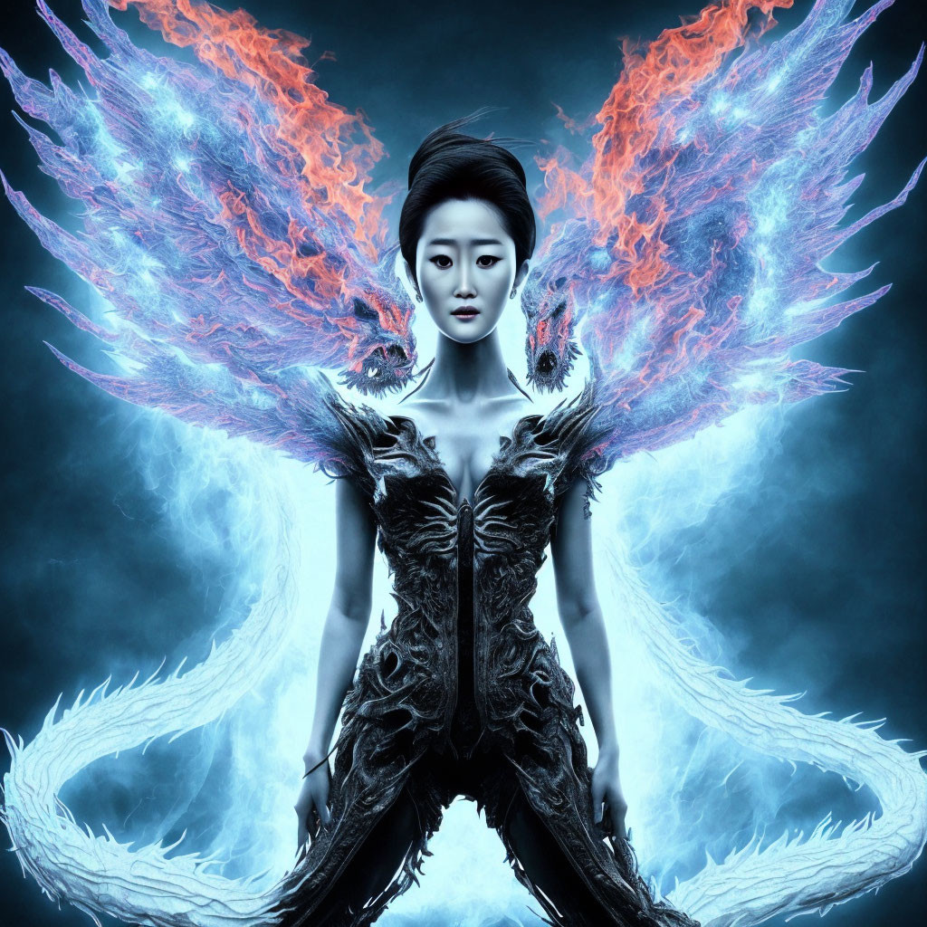 Dark-haired woman with phoenix wings in black outfit on blue background