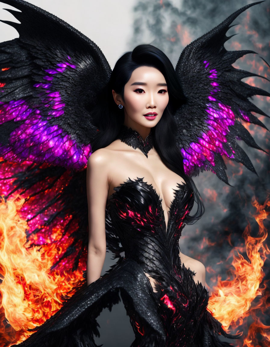 Dark angel wings woman in black outfit surrounded by flames