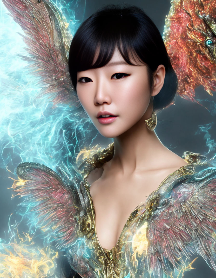 Serene woman with fiery and icy wings in ethereal portrait