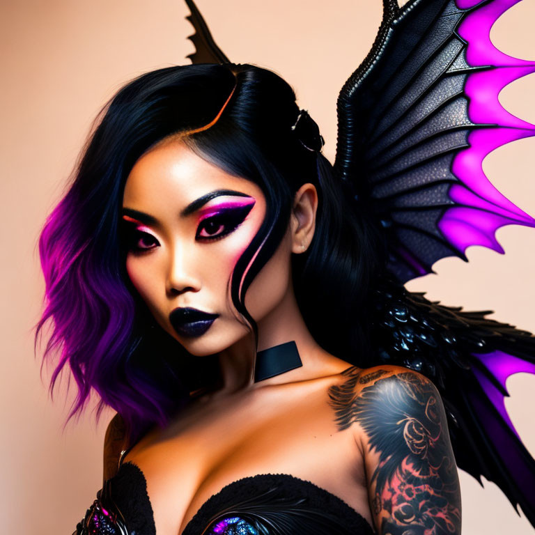 Portrait of woman with dramatic makeup, purple hair highlights, choker, tattoos, and black wings.