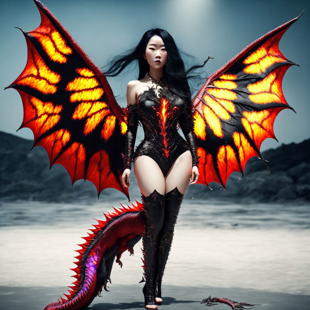 Woman with Fiery Dragon Wings and Tail in Fantasy Outfit in Desolate Landscape