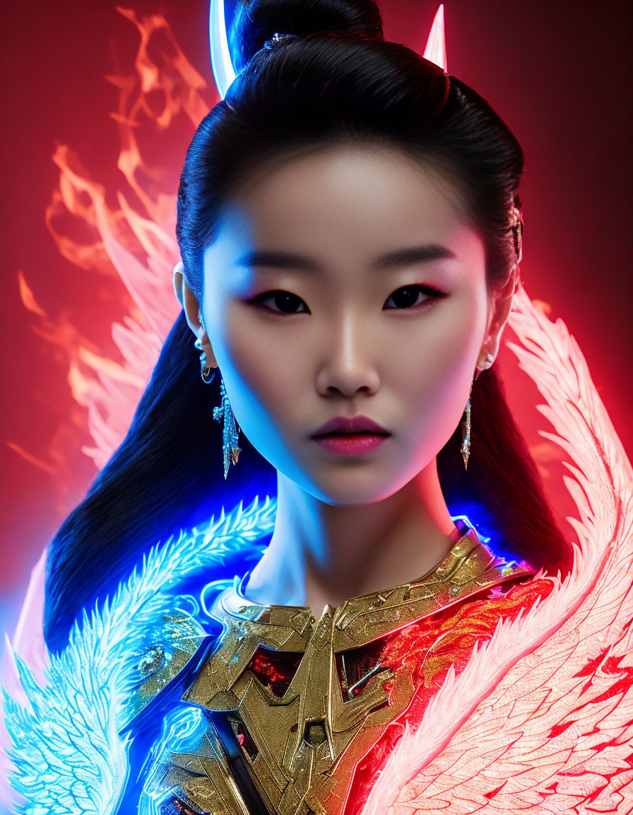 Elegant woman with updo surrounded by digital flames and feathers in blue and red.