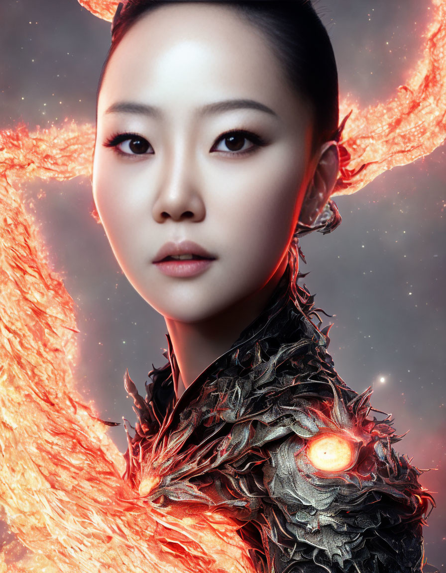 Intense gaze woman in fiery wings and black armor with orange accents