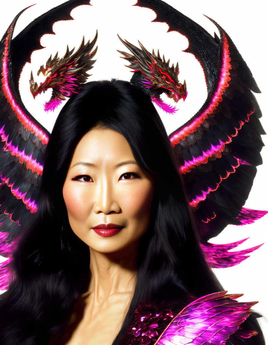 Woman with long dark hair and subtle makeup next to colorful dragon with spread wings