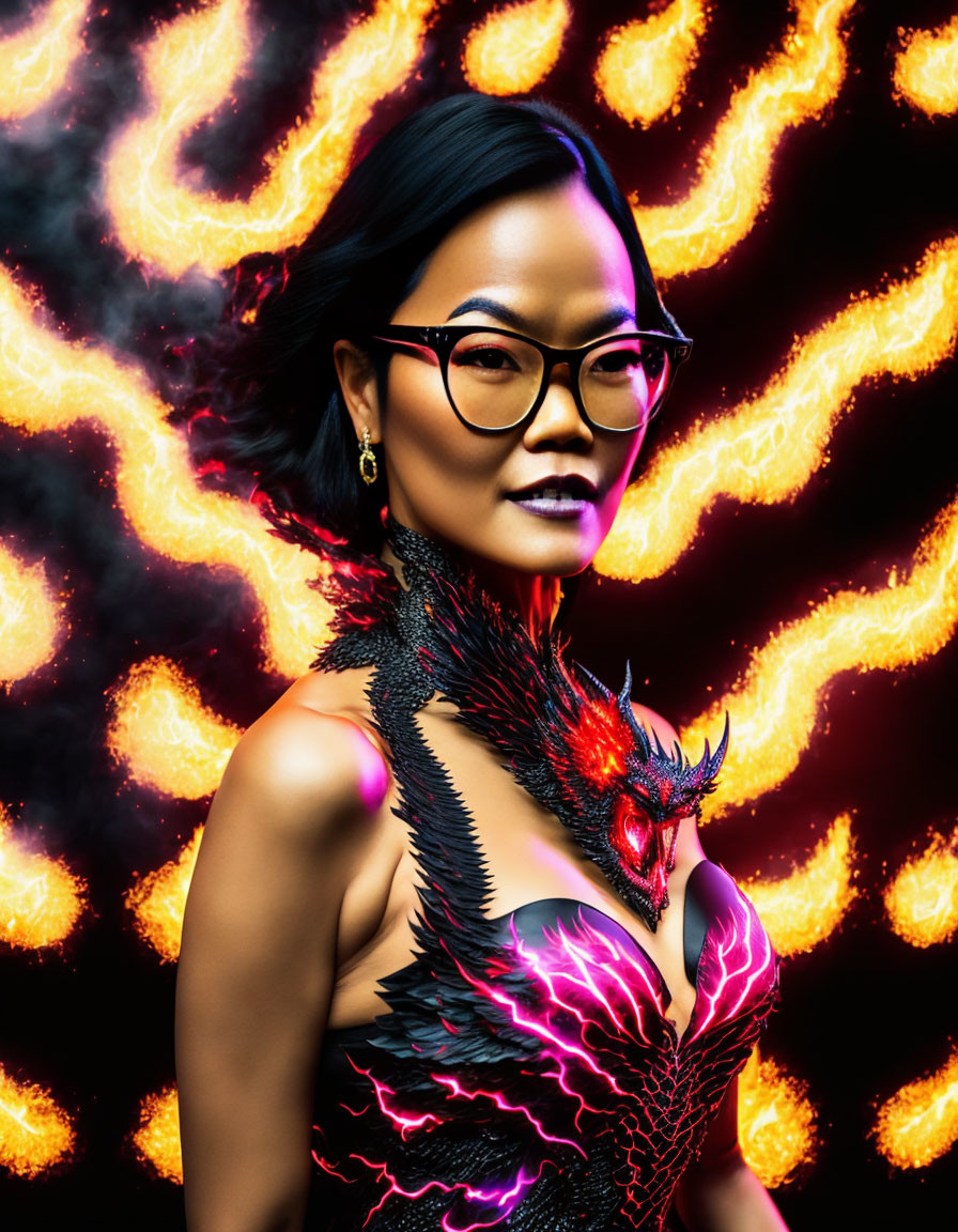 Confident Woman in Fiery Outfit with Dramatic Background