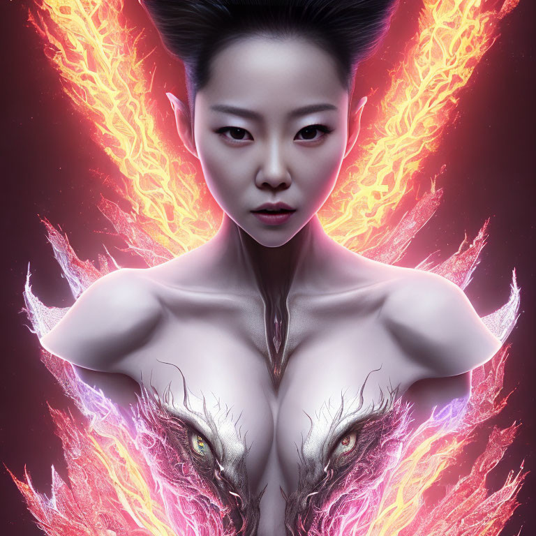 Digital Artwork: Woman with Fiery Wings on Dark Background