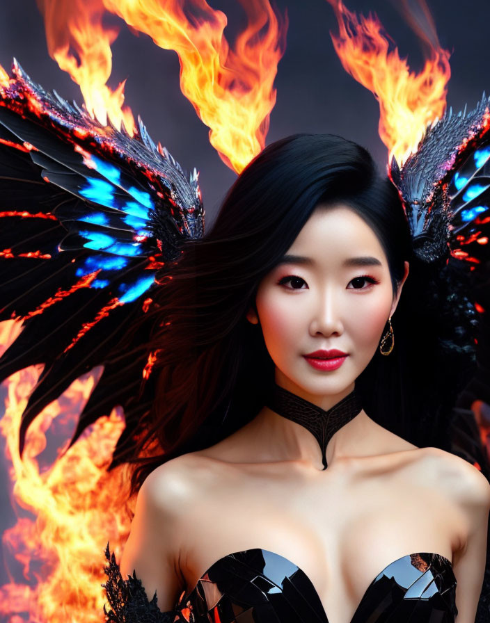 Dark-haired woman with fiery phoenix wings in smoky background