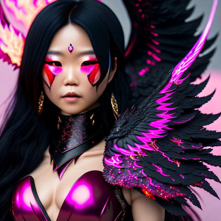 Digital Artwork: Woman with Dark Hair, Red Eyes, and Stylized Wings