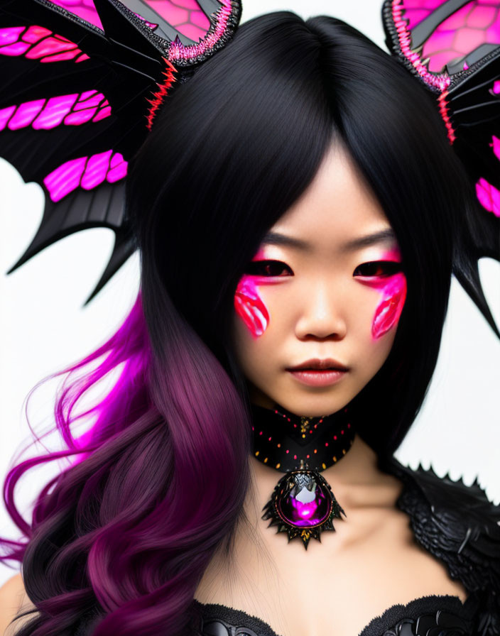 Person with Pink and Black Butterfly Wings, Magenta Makeup, Purple Hair, and Dark Fantasy Attire