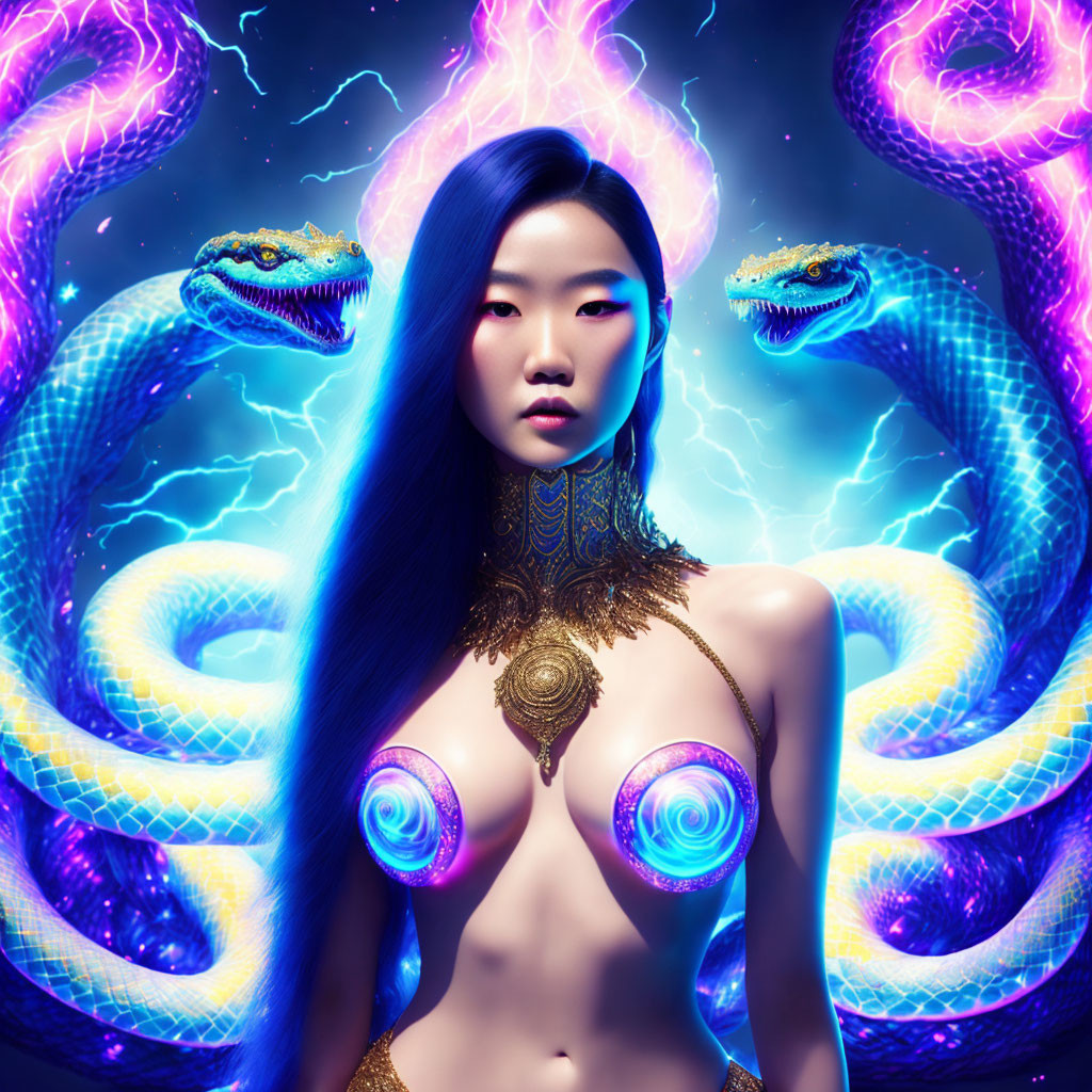 Ethereal woman with glowing serpents in cosmic scene