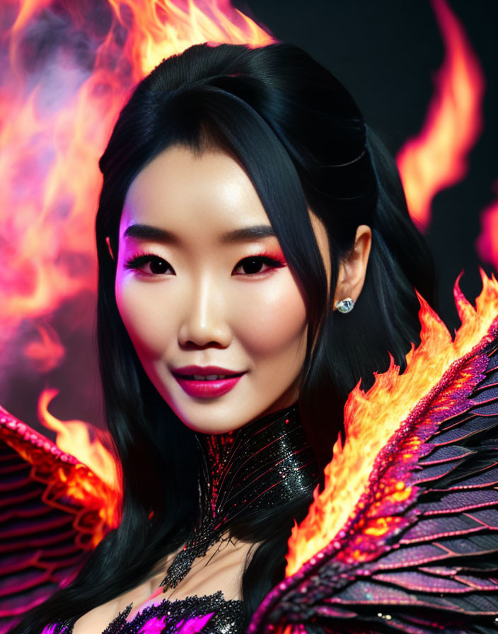 Fiery-winged woman in dark ornate attire with vibrant makeup