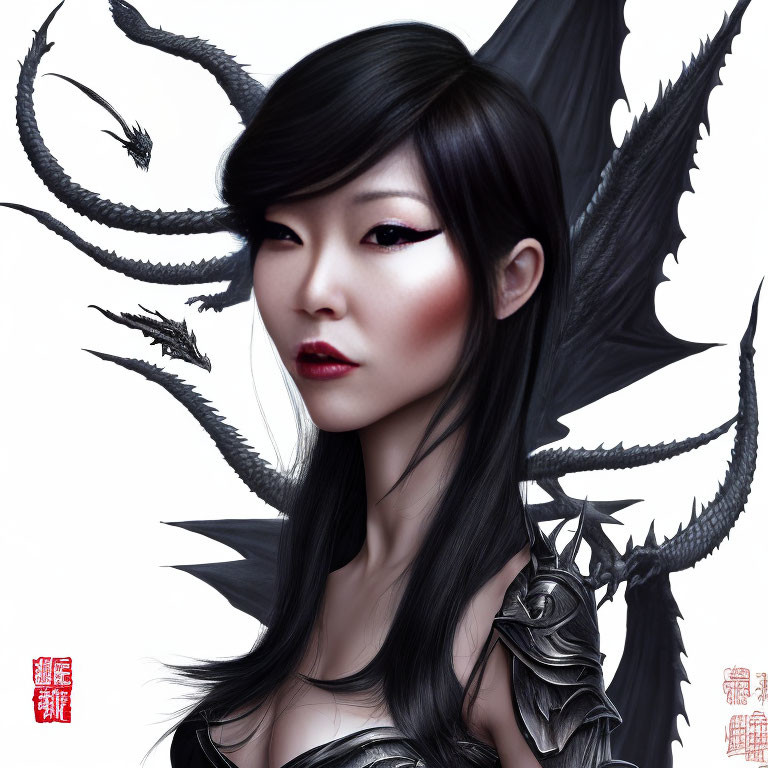 Fantasy digital art of woman in dragon-themed armor.