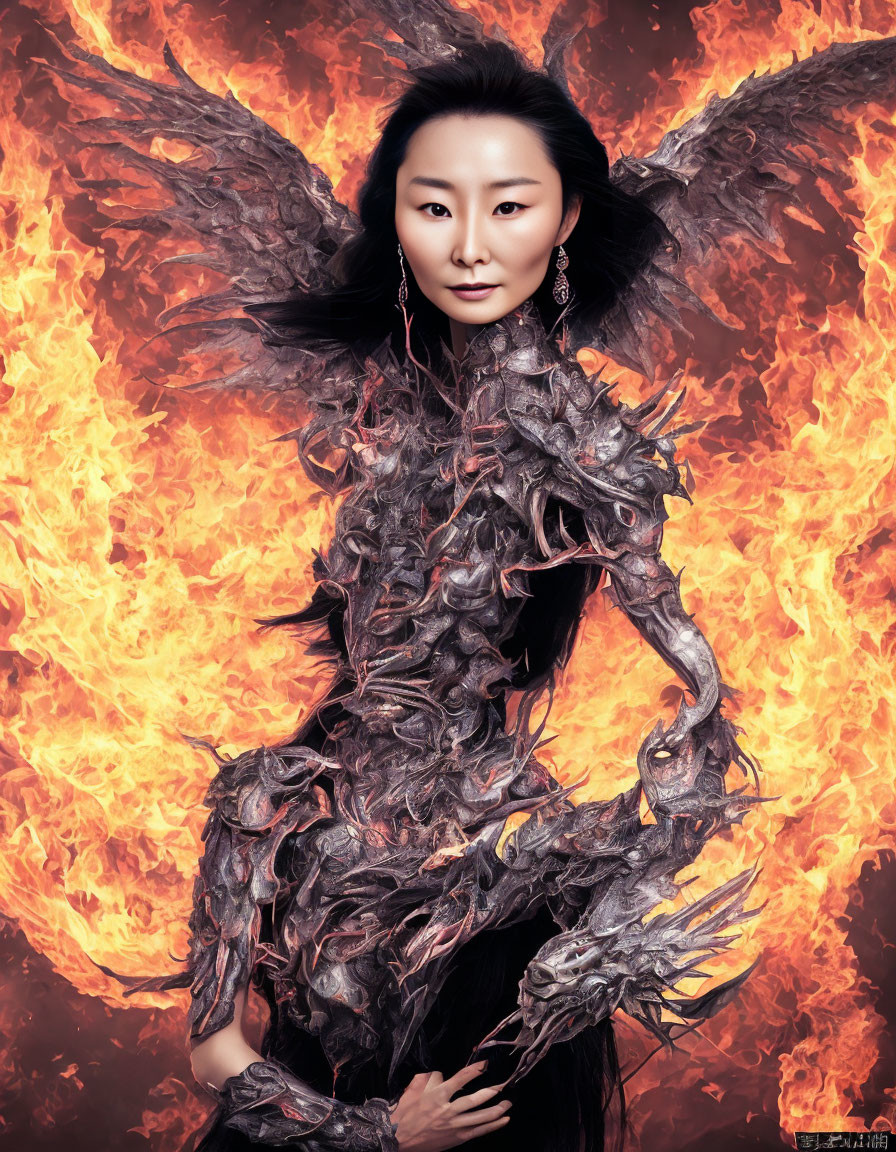 Intricate Flame-Inspired Costume Against Fiery Backdrop