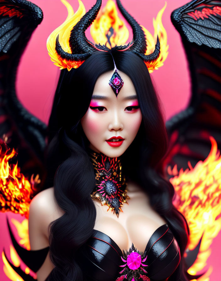 Dark mystical costume with horned headpiece and fiery wings on red background