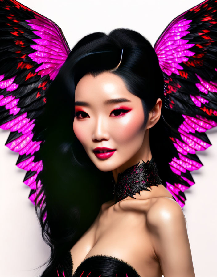 Portrait of woman with stylized makeup and vibrant butterfly wings