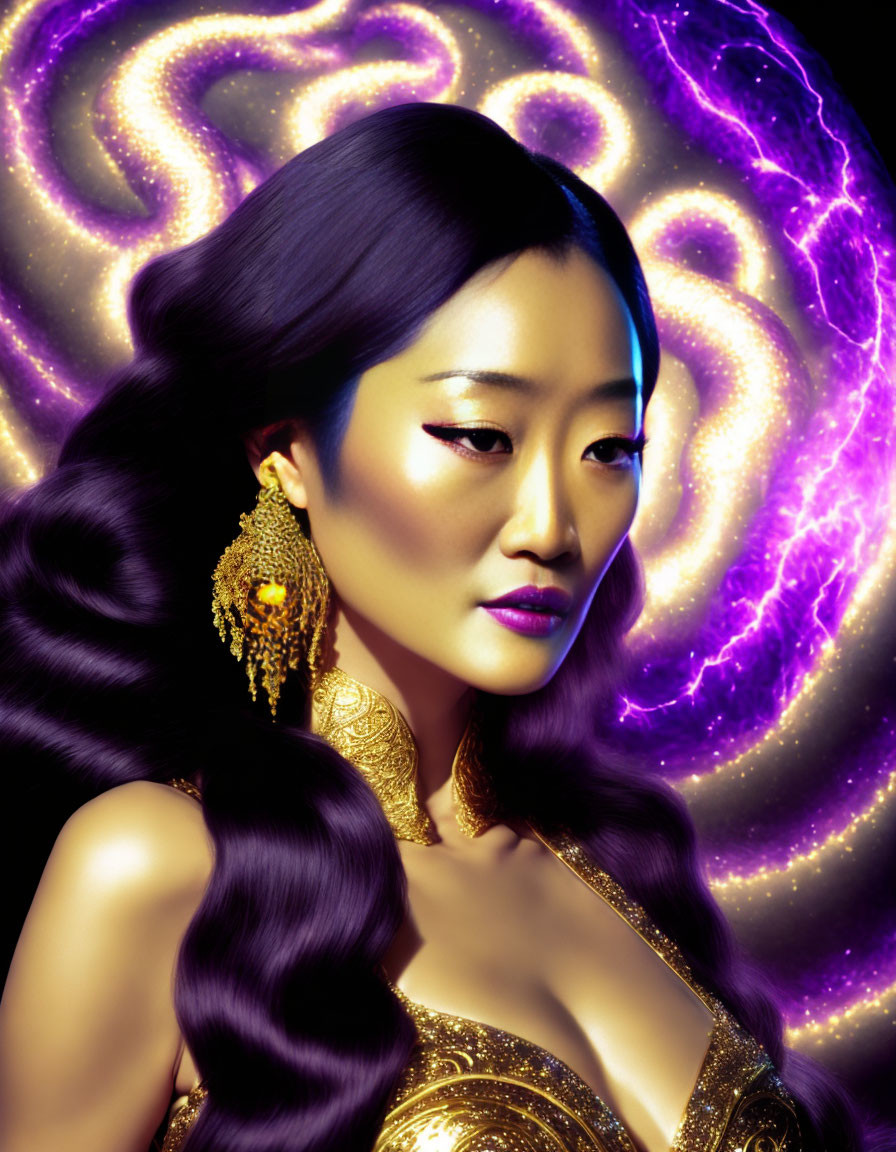 Glossy black hair woman with gold makeup against purple neon backdrop