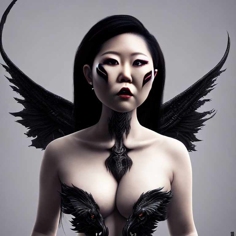 Portrait of person with dark angel wings, black and white makeup, and birds.