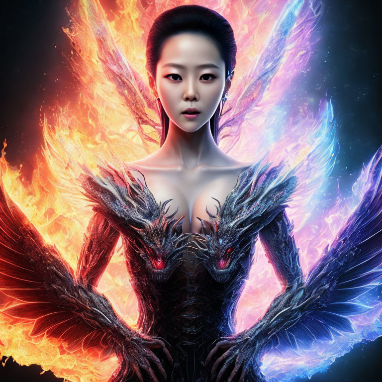 Intense gaze woman with fiery wings and dragon-like creatures in dark attire