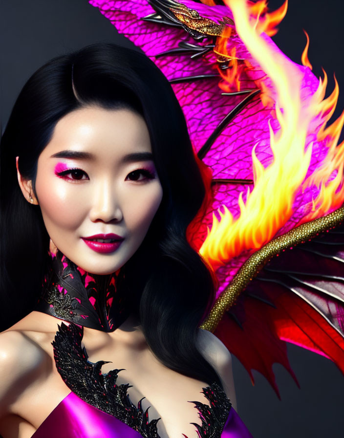 Elegant woman with fiery dragon in vibrant colors on dark background