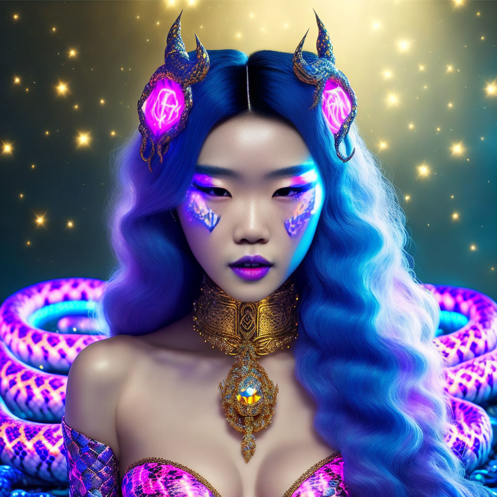 Fantasy portrait of woman with blue hair, horns, purple makeup, and snake on starry backdrop