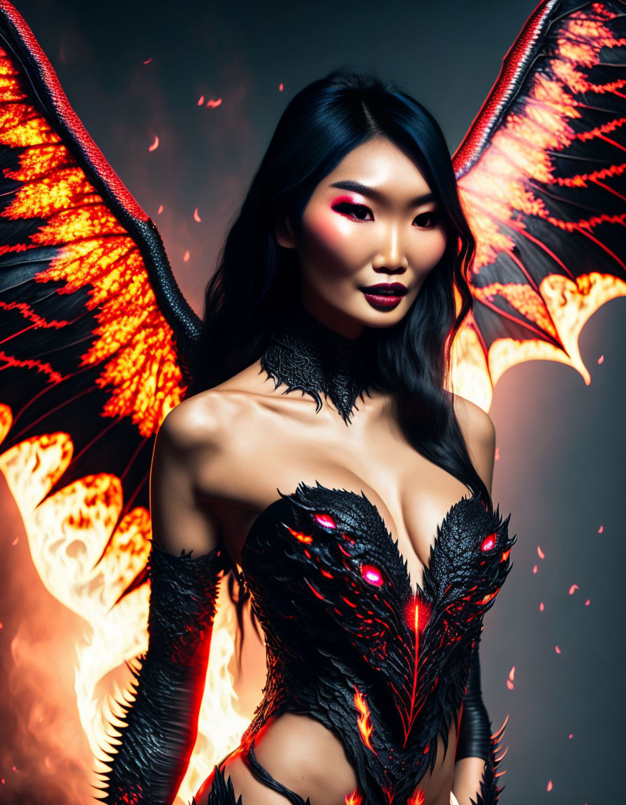 Fiery Dragon-Inspired Costume with Dramatic Wings