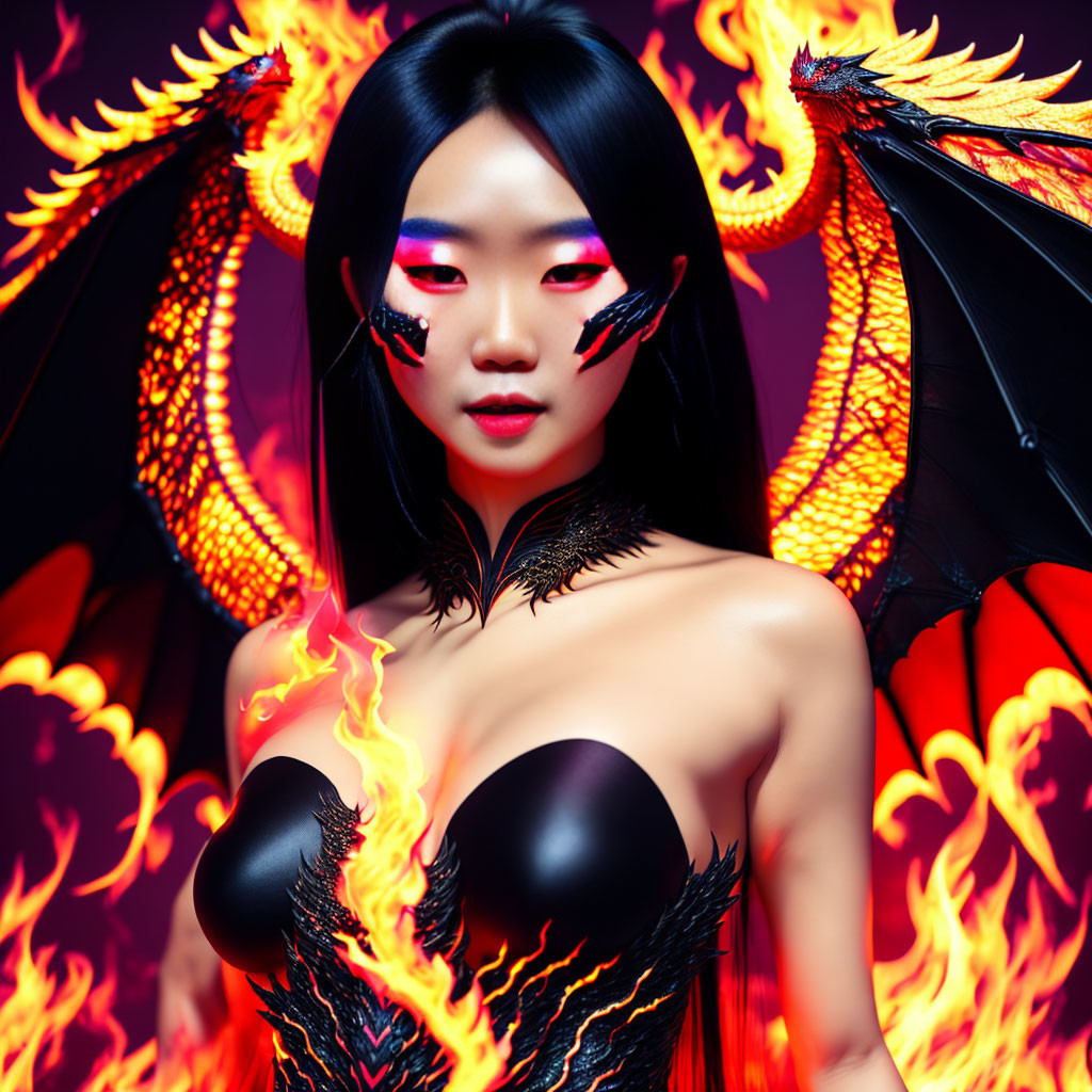 Dark-haired woman with fiery dragon graphics in black outfit on red background