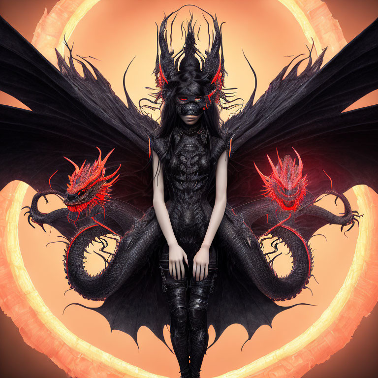 Dark fantasy costume with dragon wings, horned mask, and red eyes on orange background