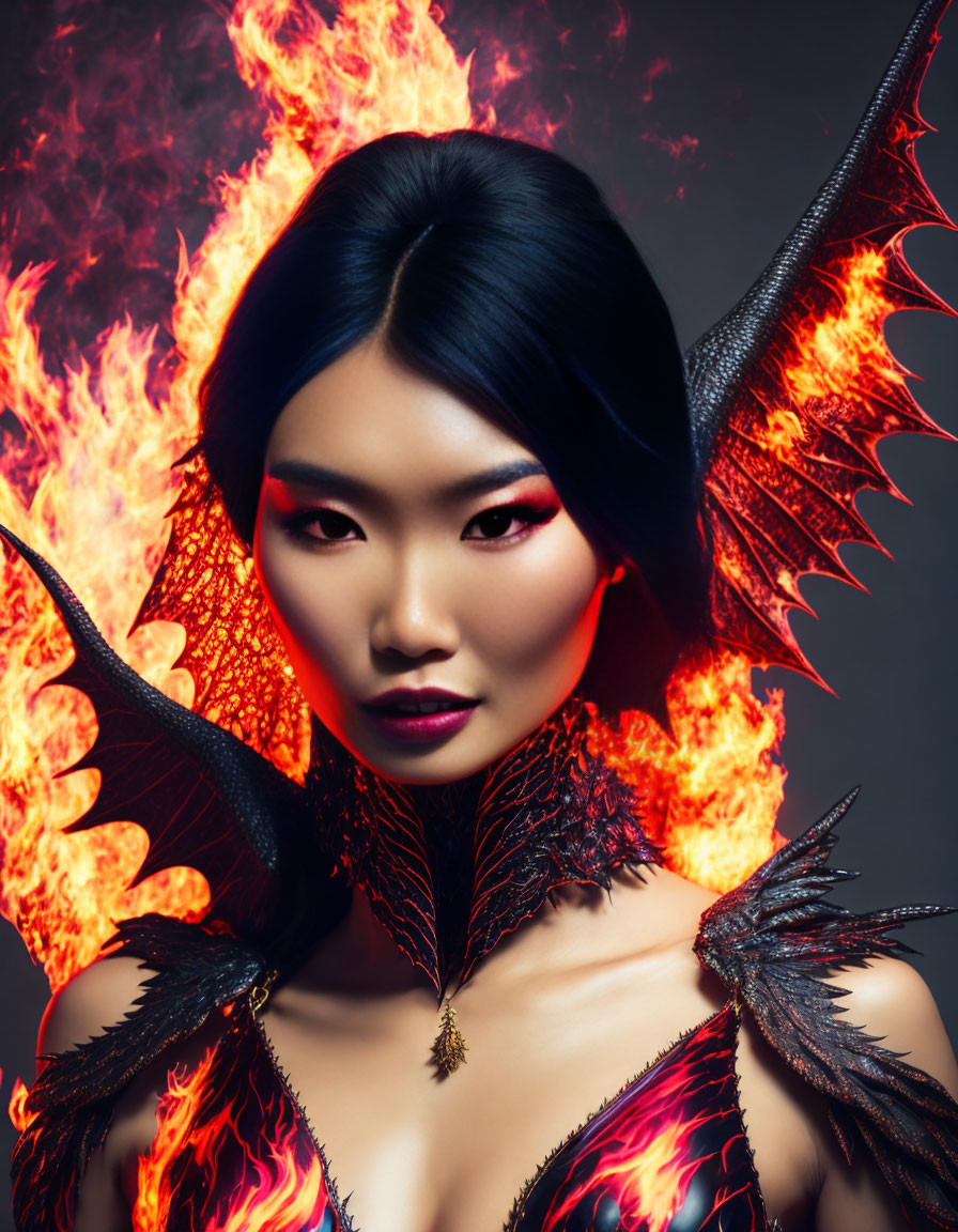 Mythical figure with dramatic makeup and fiery elements