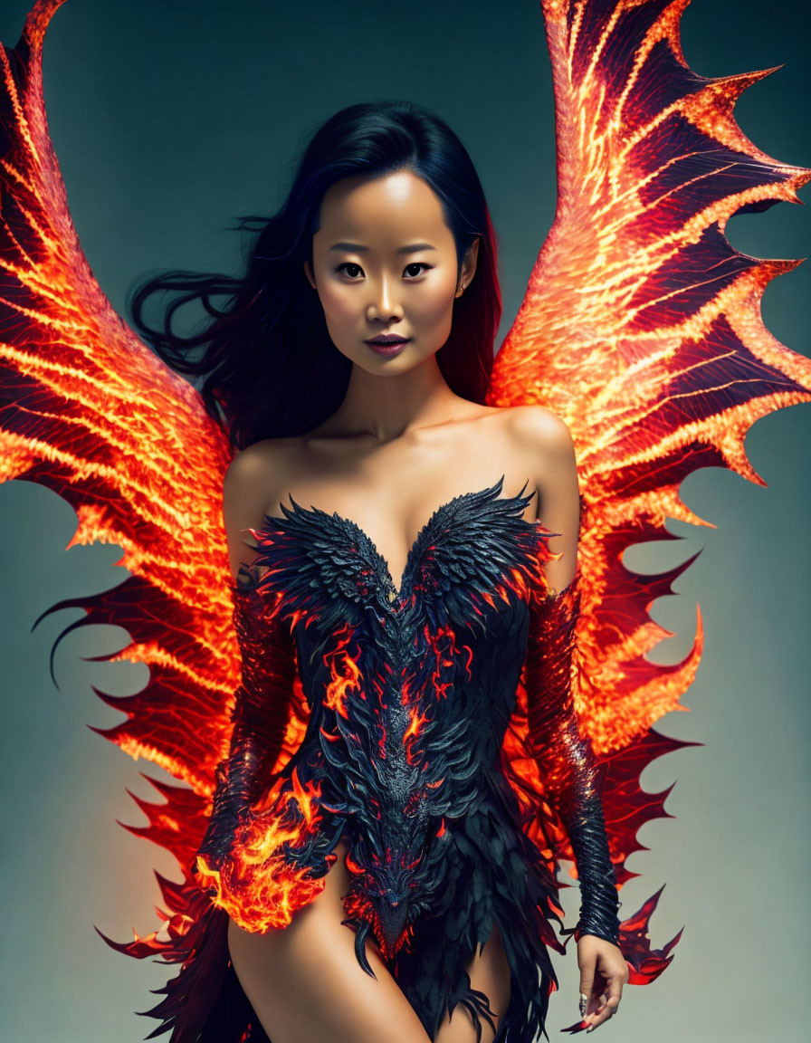 Dramatic Figure with Fiery Scales and Wings