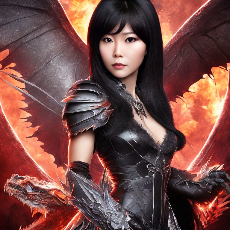 Black-Haired Woman in Fantasy Armor with Dragons and Flames