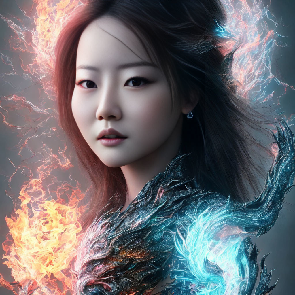 Woman with fiery and icy effects in hair and shoulder for fantasy-inspired contrast