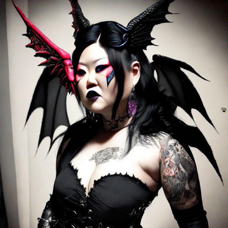 Person with dramatic makeup, black wings, tattoos, gothic outfit on plain background