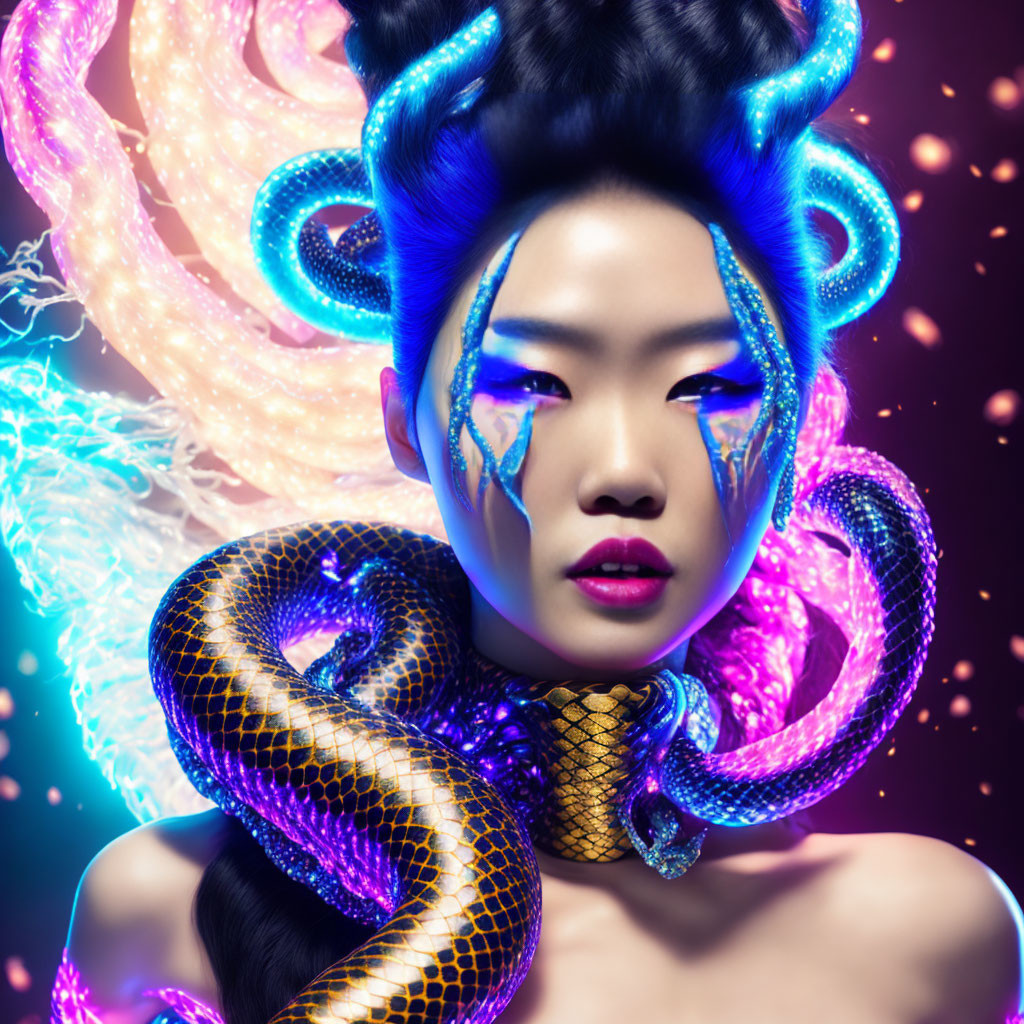 Vivid portrait of woman with stylized hair and makeup, neon lighting, snake around neck