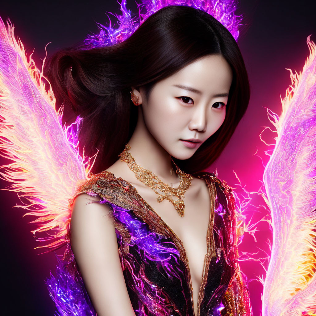 Ethereal woman with pink wings and dark hair in sparkling dress on purple background