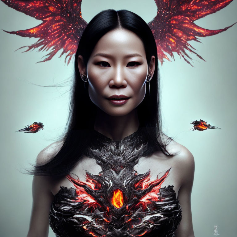 Woman adorned with red-winged creatures and glowing heart design on grey backdrop.