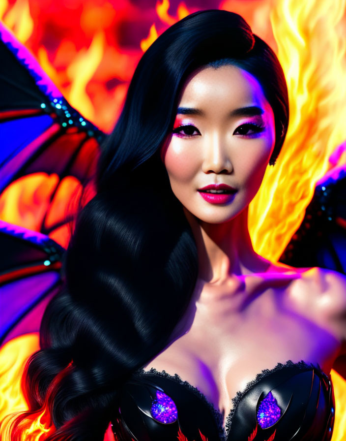 Dark wavy hairstyle, winged makeup, purple butterfly wings on fiery backdrop