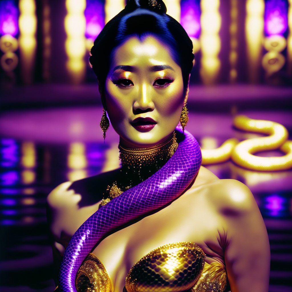 Woman in golden attire with purple snake on ornate background