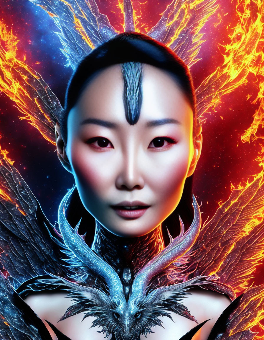 Woman with Striking Face Paint and Phoenix Imagery