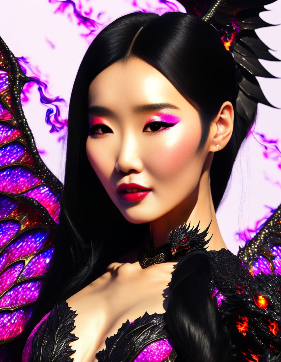 Woman with Striking Makeup and Purple Black Butterfly Wings