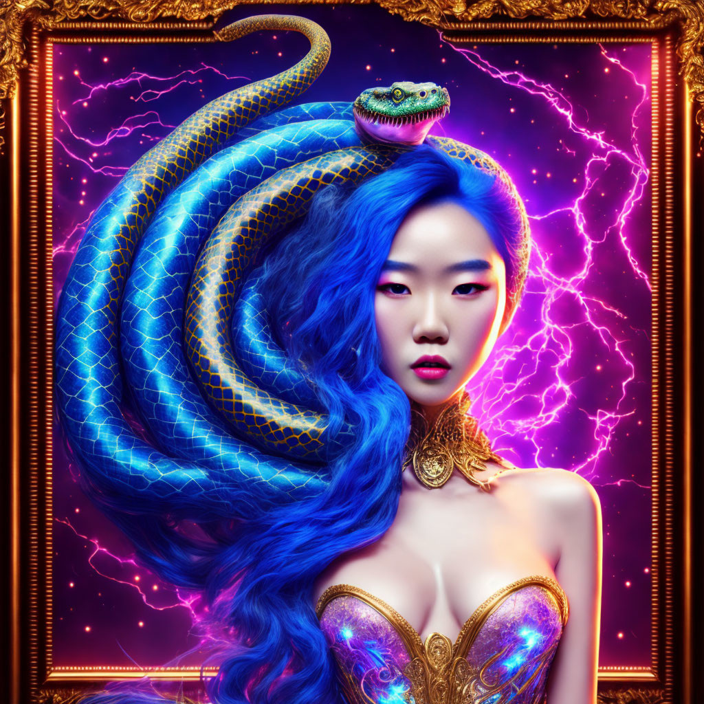 Digital portrait of woman with blue hair and snake on head in lightning-filled setting