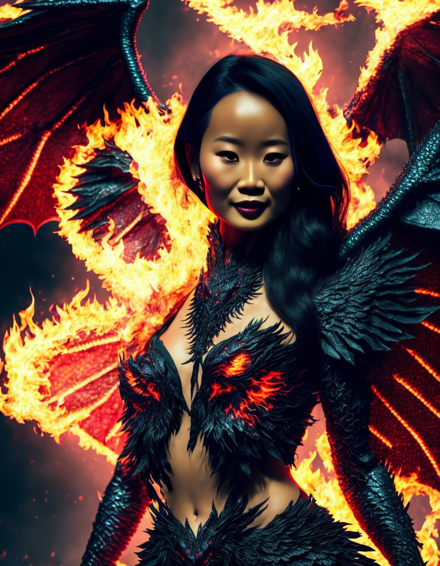 Fierce figure in dragon-inspired costume with wings