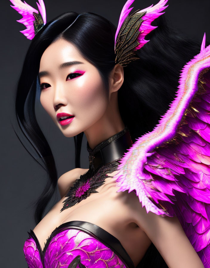 Striking dark-haired woman with vibrant pink wing-like accessories and gold accents against dark background