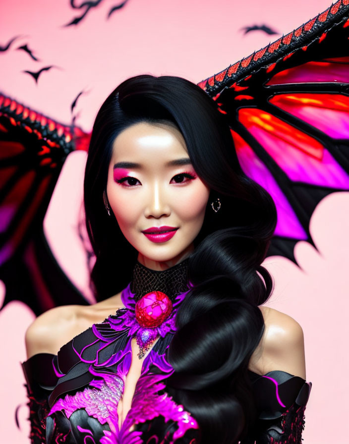 Dark-haired woman in fantasy outfit with dragon wings on pink background