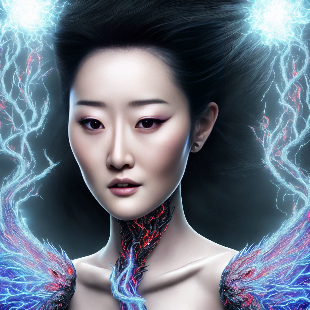 Digital portrait of a woman with glowing blue veins and electrical arcs.