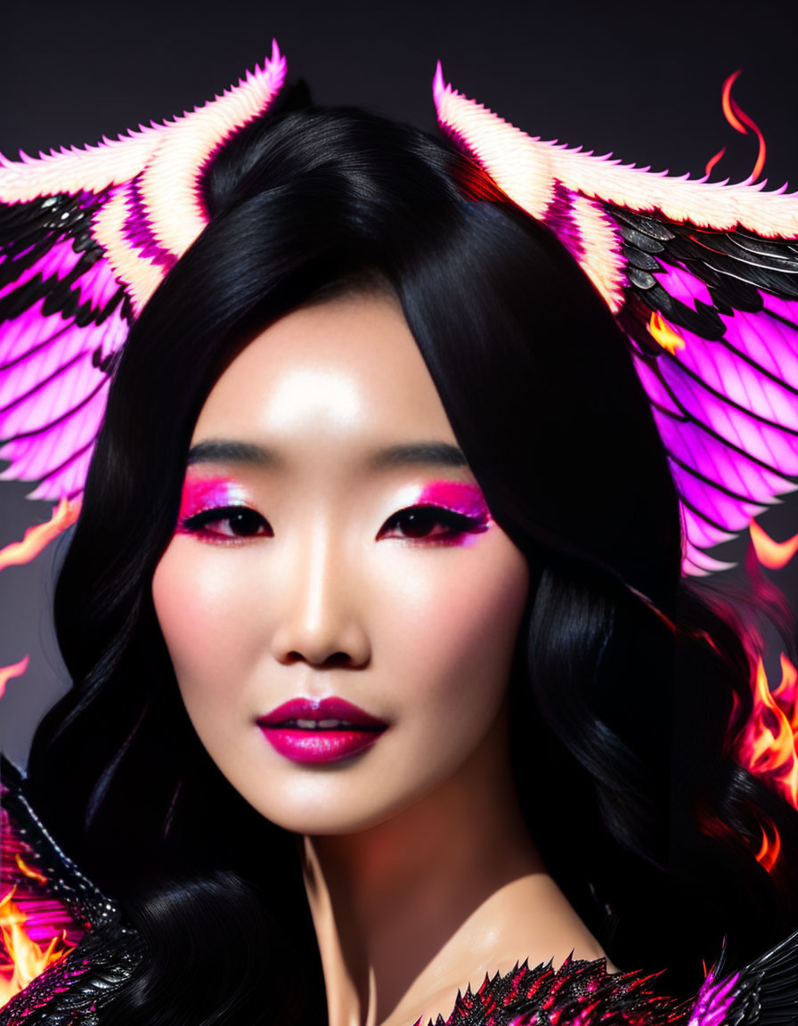 Woman with striking makeup and fiery phoenix wings in mystical image